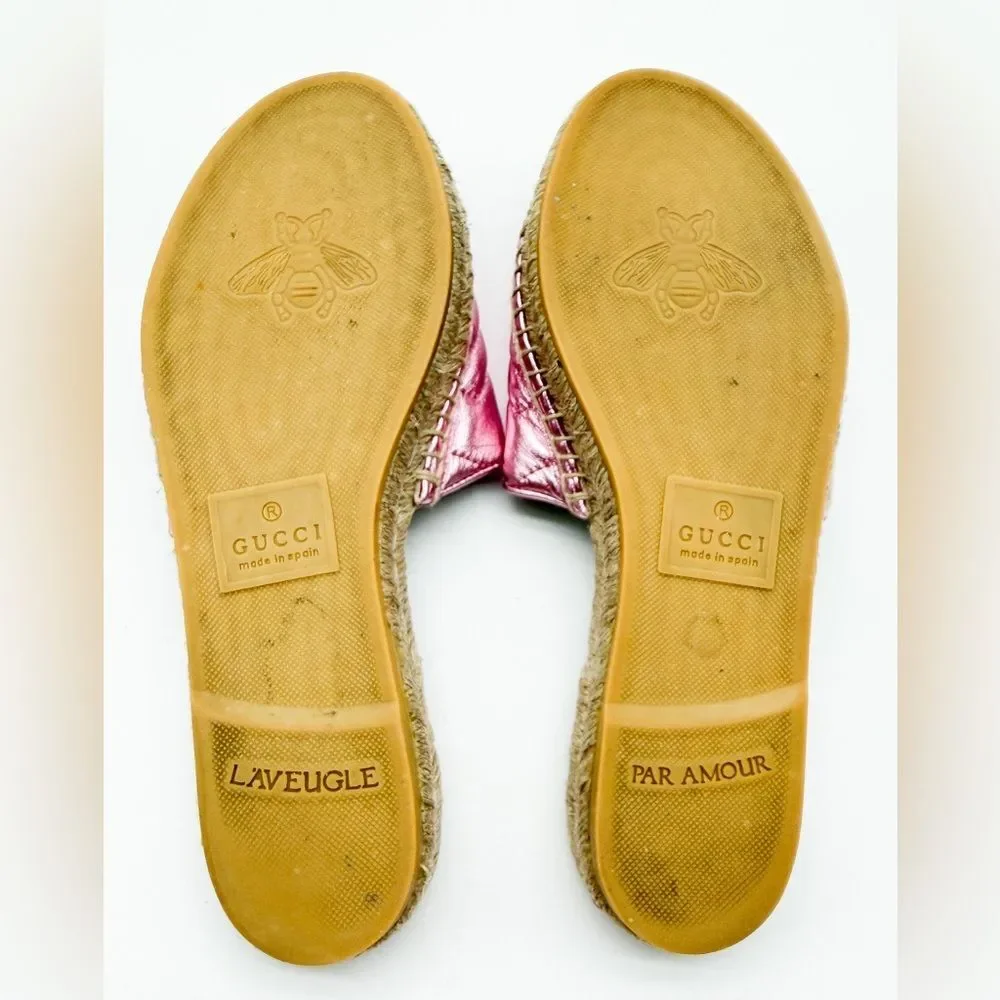 Gucci Pilar GG Marmont Metallic Rosa Leather Espadrille Slide Sandals EU 37 US 7